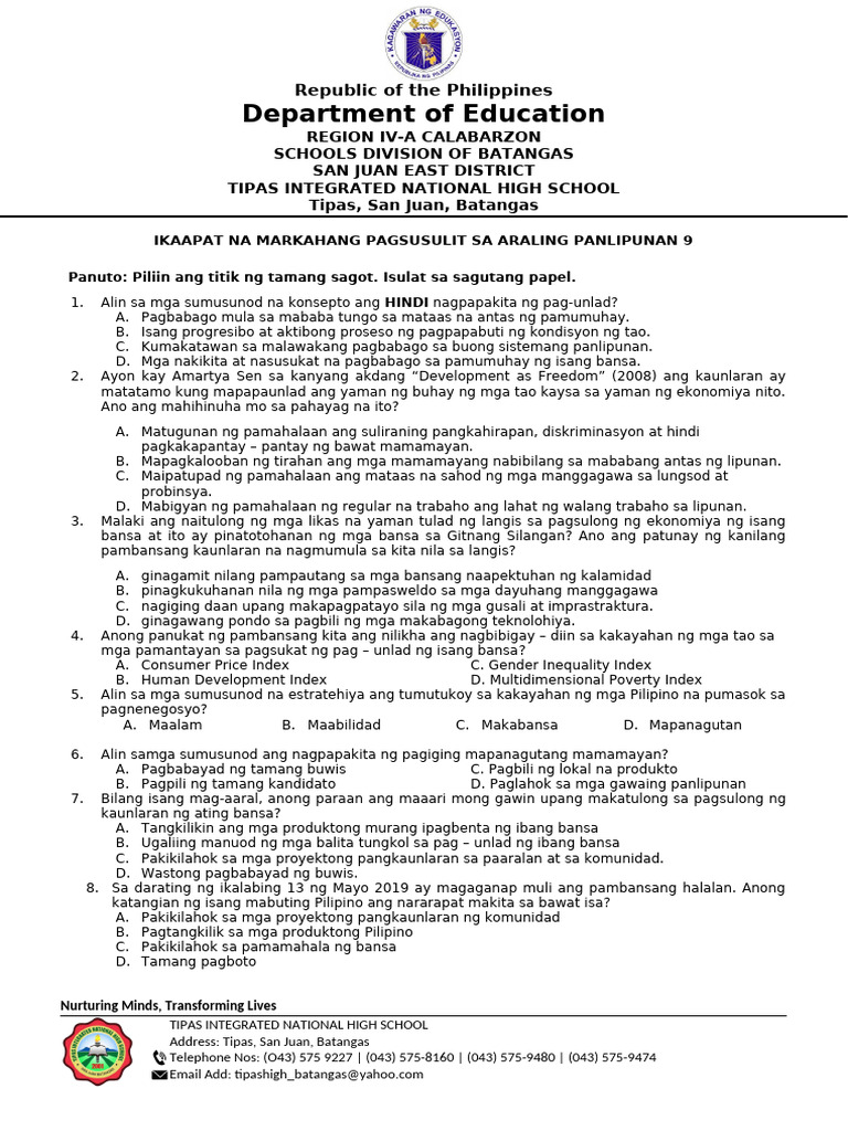 Fourth Periodic Test G9 2024 2025 | PDF
