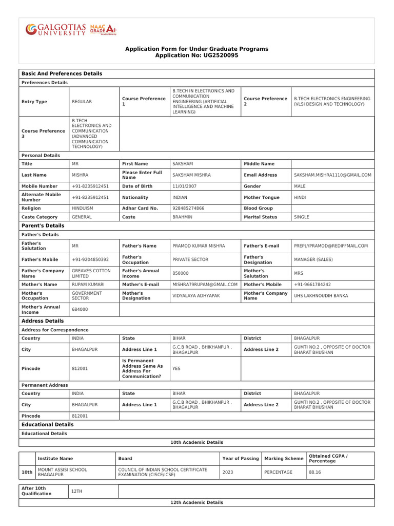 UG Program Application Form | PDF | Educational Stages | Qualifications