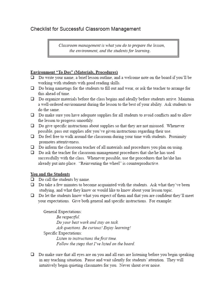 Checklist For Successful Classroom Management Windows To The | PDF ...