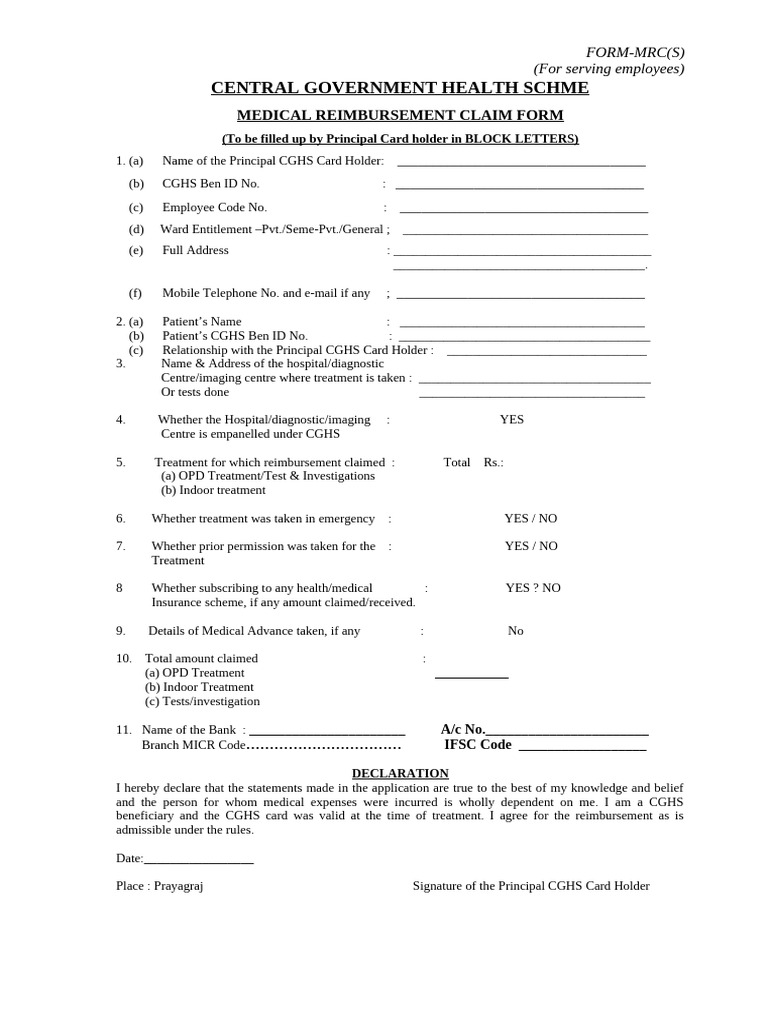 CGHS Medical Reimbursement Claim Form | PDF | Hospital | Health Care