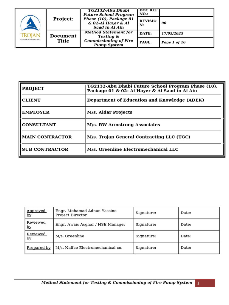 Fire Pump System Testing Method Statement | PDF | Pump | Valve