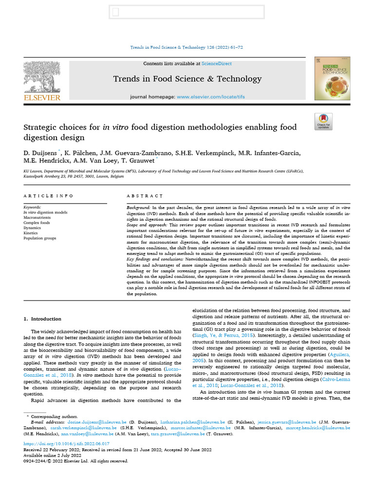 Strategic Choices For in Vitro Food Digestion Methodologies Enabling ...