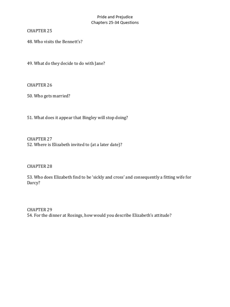 Pride and Prejudice Chapters 25-34 Q&A | PDF