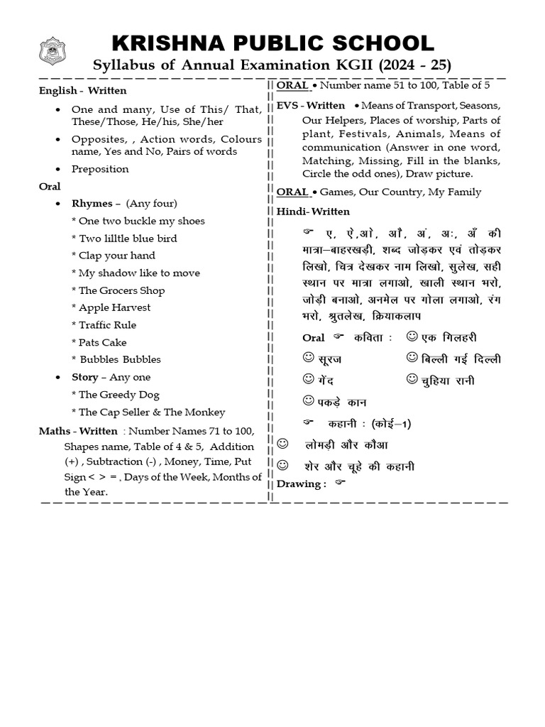 KGII Annual Exam Syllabus 2024-25 | PDF