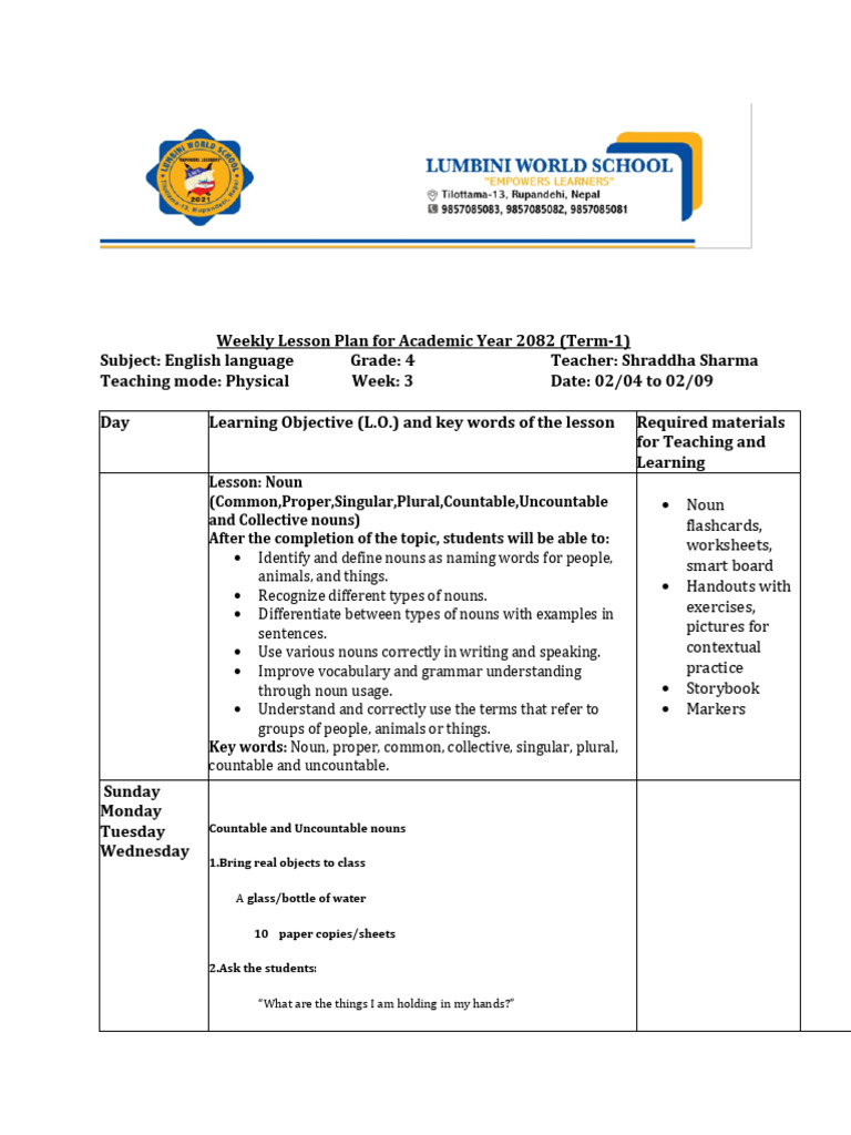 Grade 4 English Noun Lesson Plan | PDF | Noun | Plural