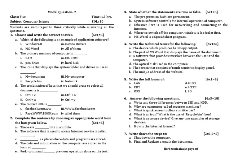 Class 5 Computer Science Term 2 Questions | PDF | Microsoft Word ...