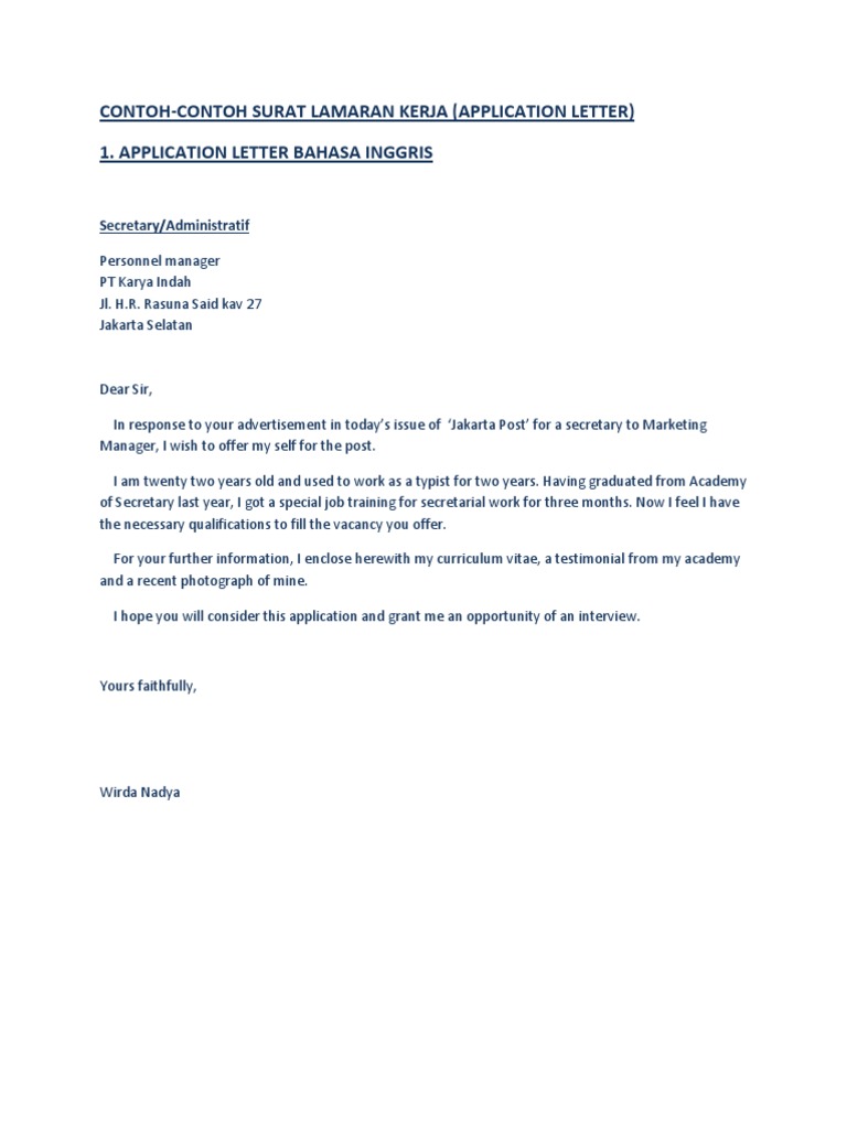 Contoh Surat Lamaran Kerja Curriculum Vitae