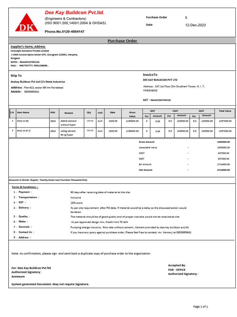 Purchase Order for RMC from Innocepts | PDF | Taxes | Government Finances