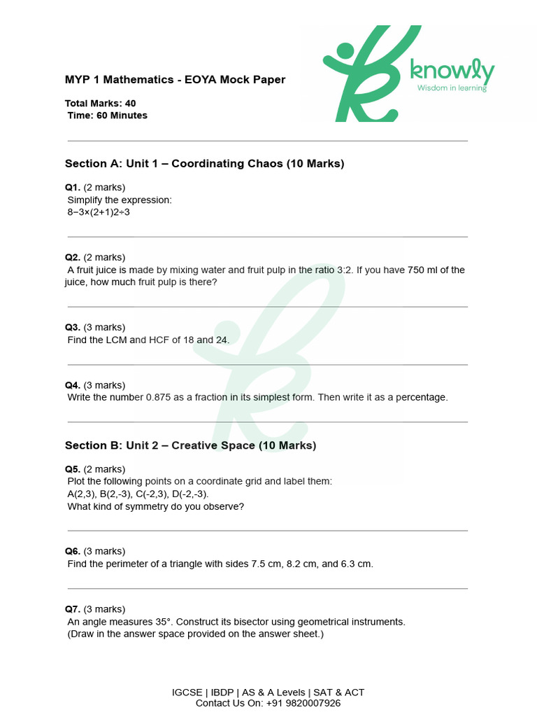 MYP 1 Math EOYA Mock Exam | PDF | Mathematics | Algebra