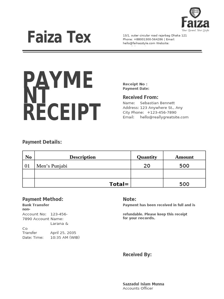 Faiza Tex LTD Payment Recipt | PDF