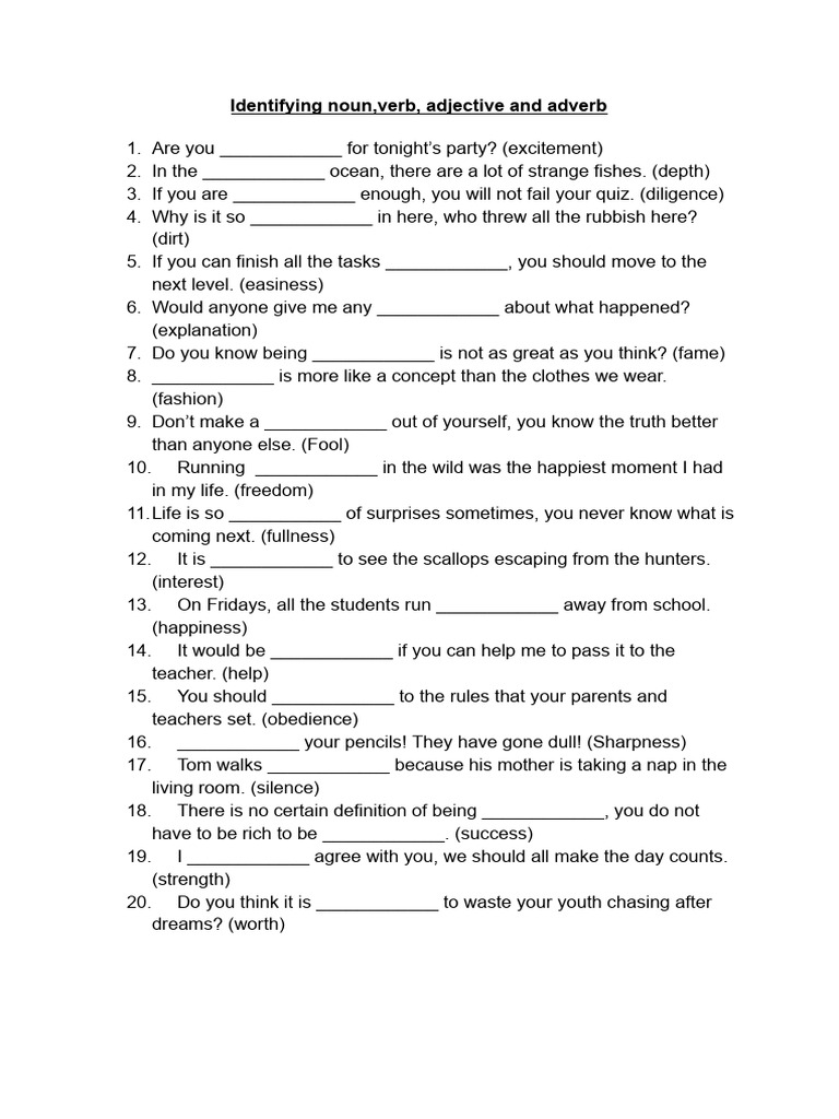 Noun, Verb, Adjective, Adverb Exercises | PDF