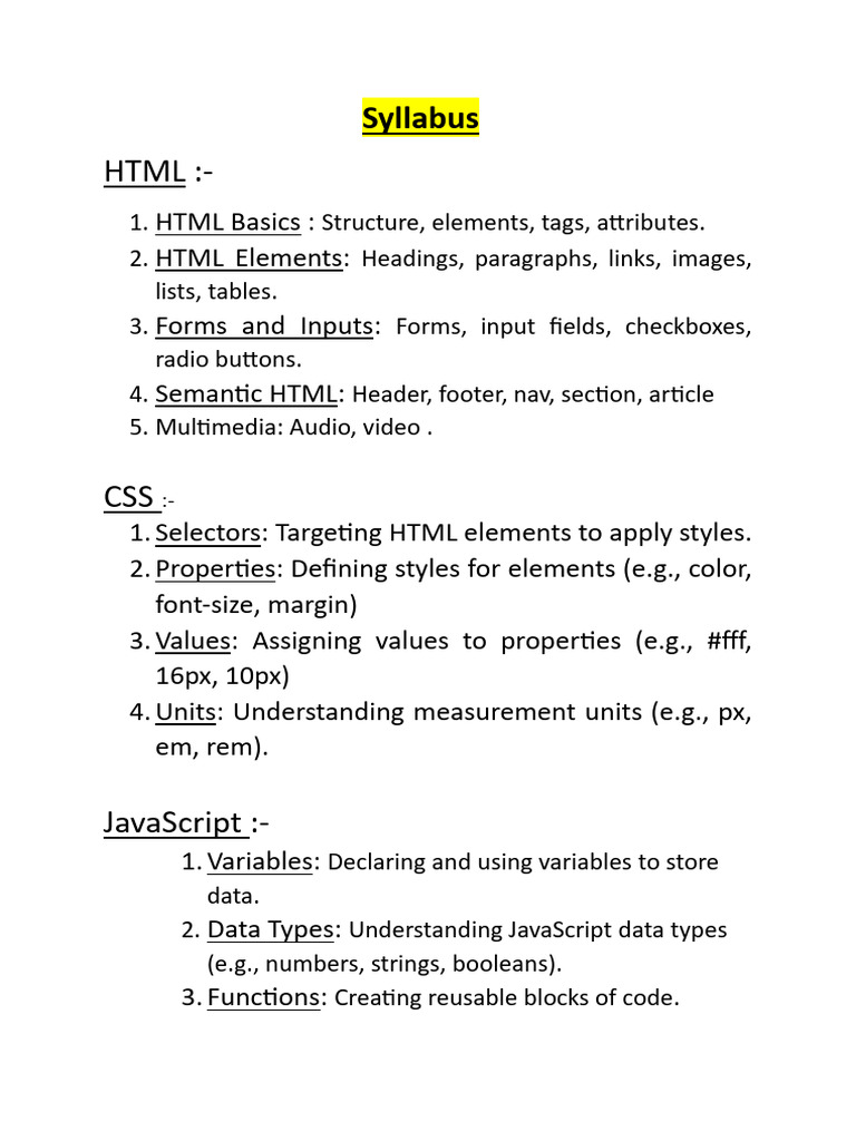 Web Development Syllabus: HTML, CSS, JS | PDF