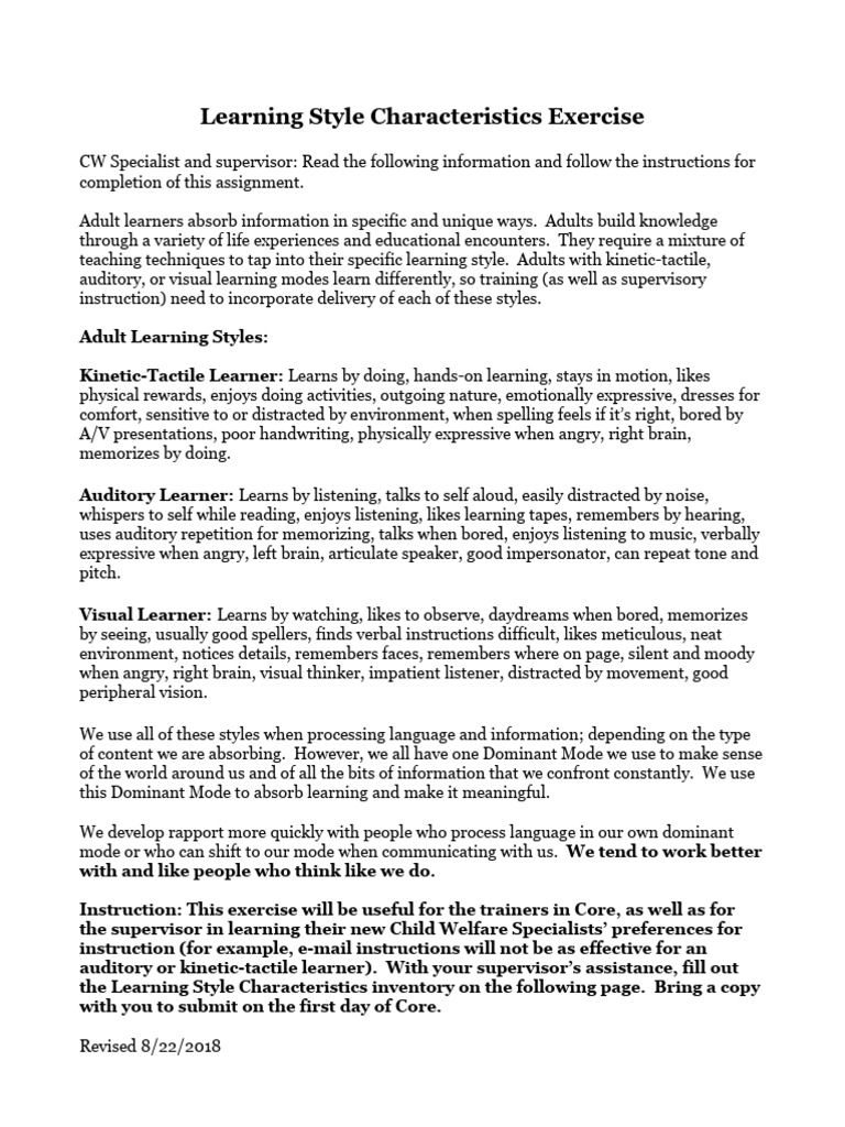 Learning Style Characterists Exercise August 22 2018 | PDF | Learning ...