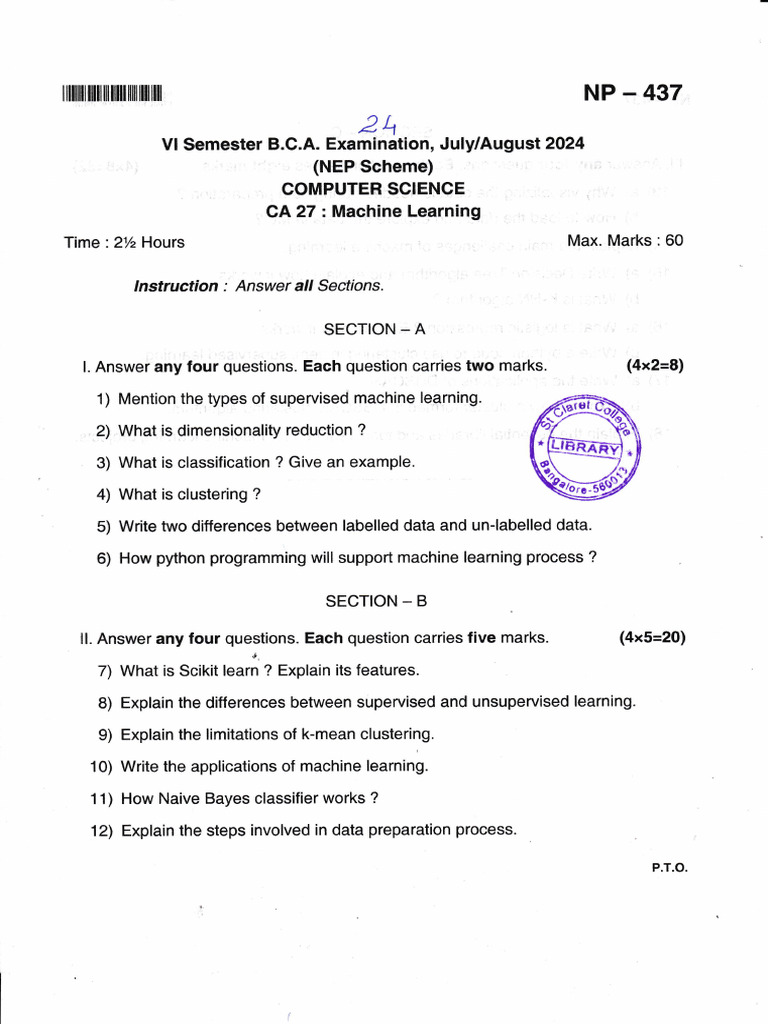 Machine Learning Exam Guide for B.G.A. | PDF | Machine Learning ...