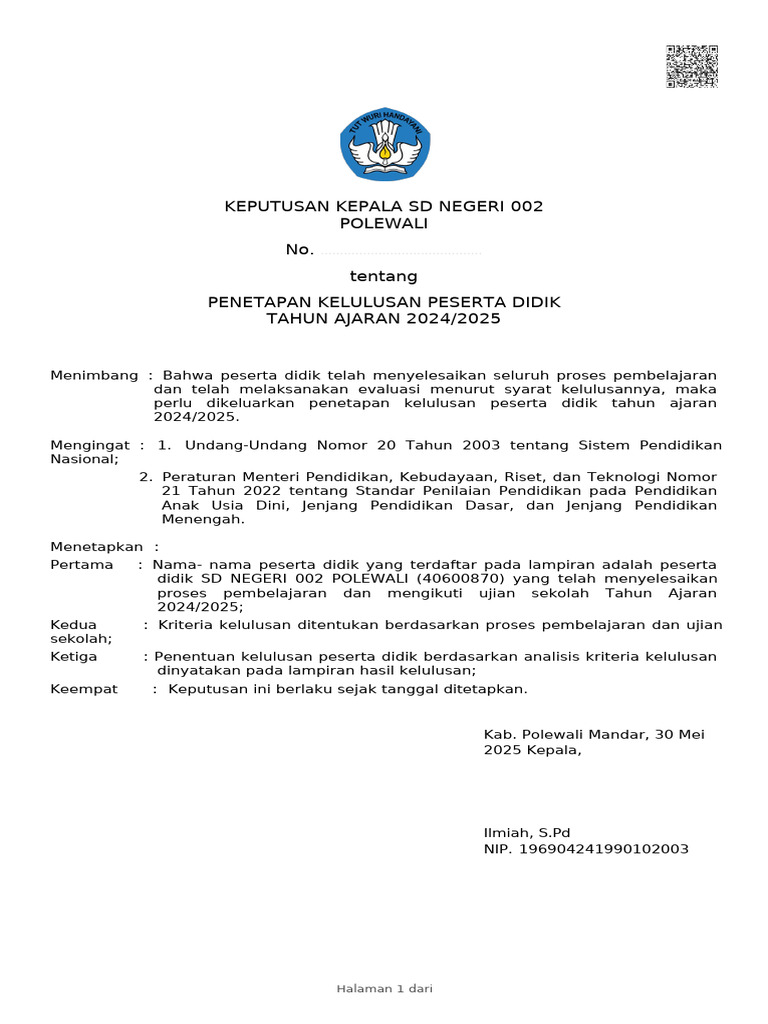 Penetapan Kelulusan SD 002 Polewali 2025 | PDF