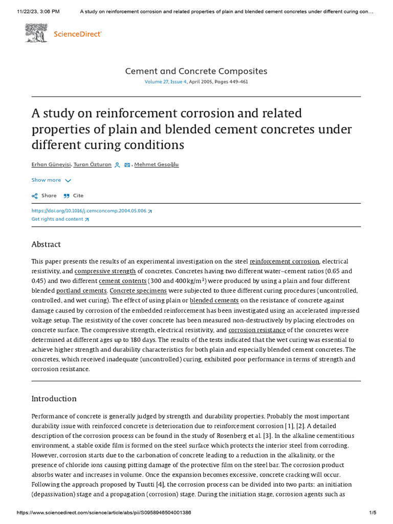 Reinforcement Corrosion in Cement Concretes | PDF | Concrete | Cement