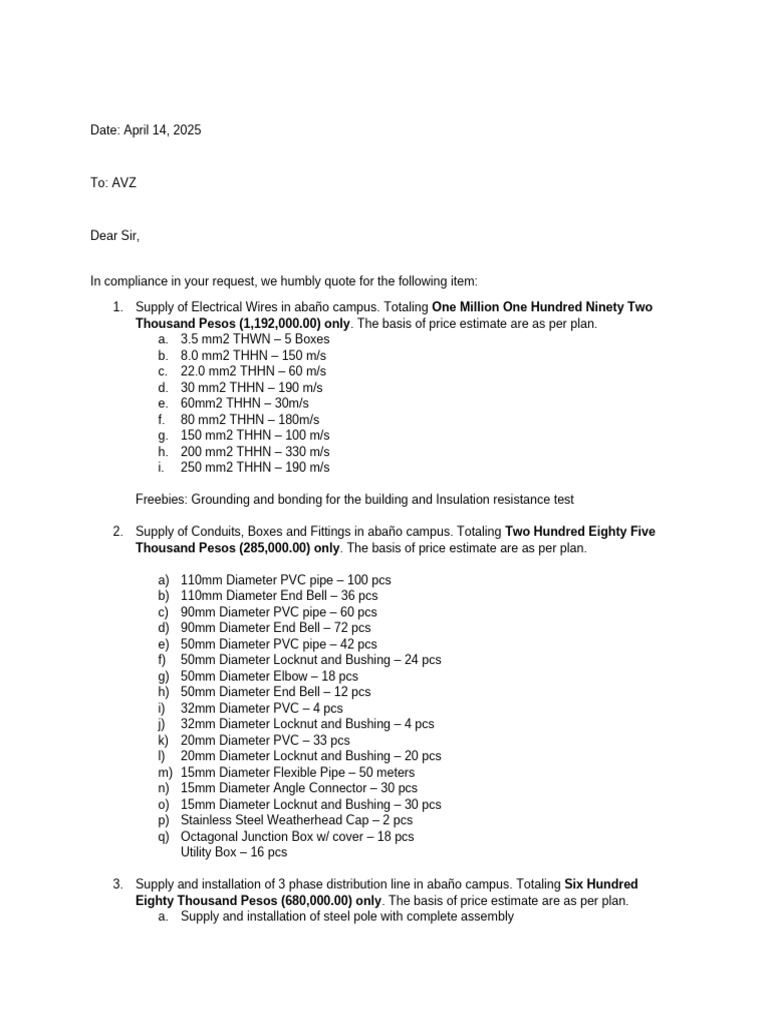 Electrical Supply Quote for Abaño Campus | PDF | Electrical Engineering ...