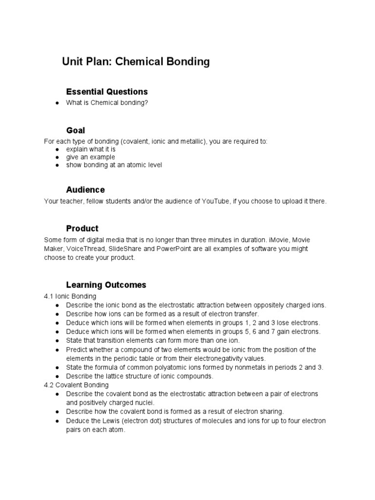 Unit Plan for Chemical Bonding | PDF | Ionic Bonding | Chemical Bond