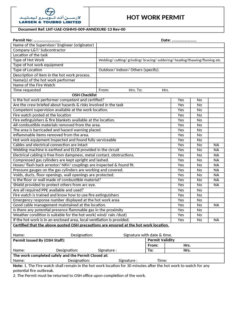 Hot Work Permit Template and Checklist | PDF | Fires | Safety