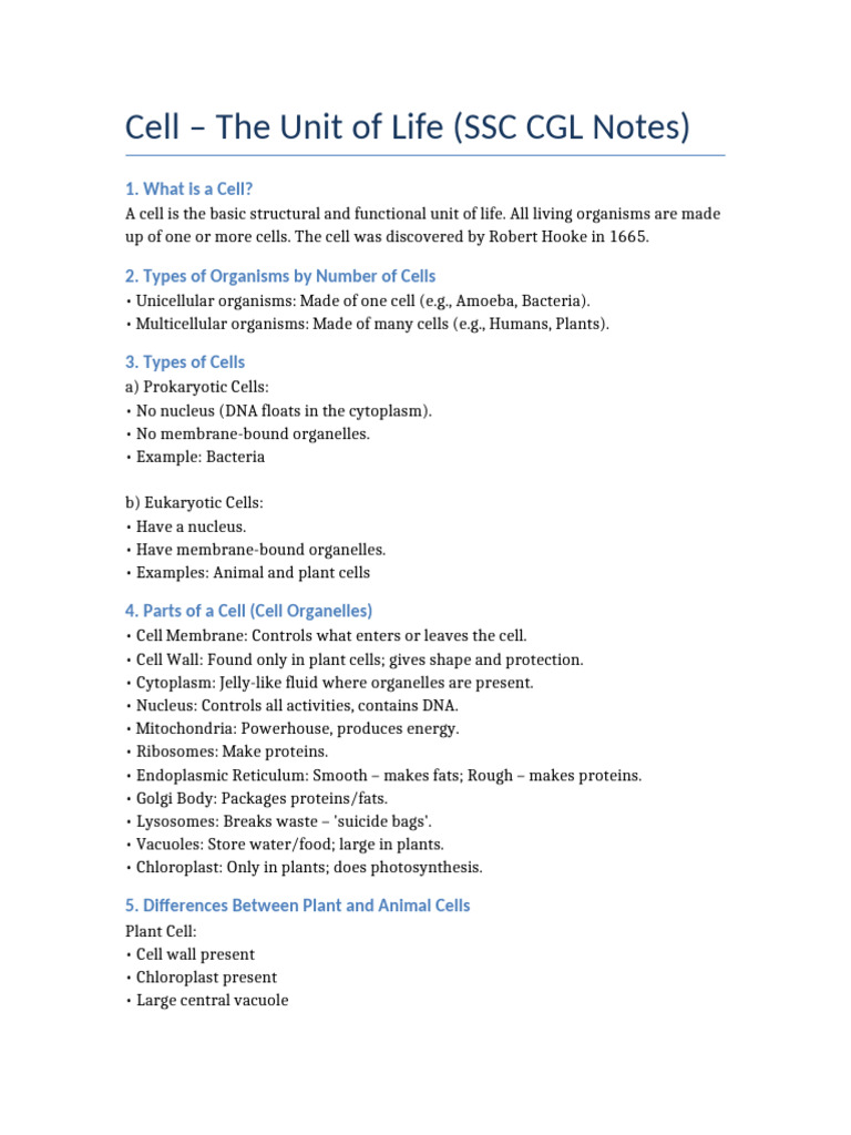 Cell Notes for SSC CGL Exam Prep | PDF