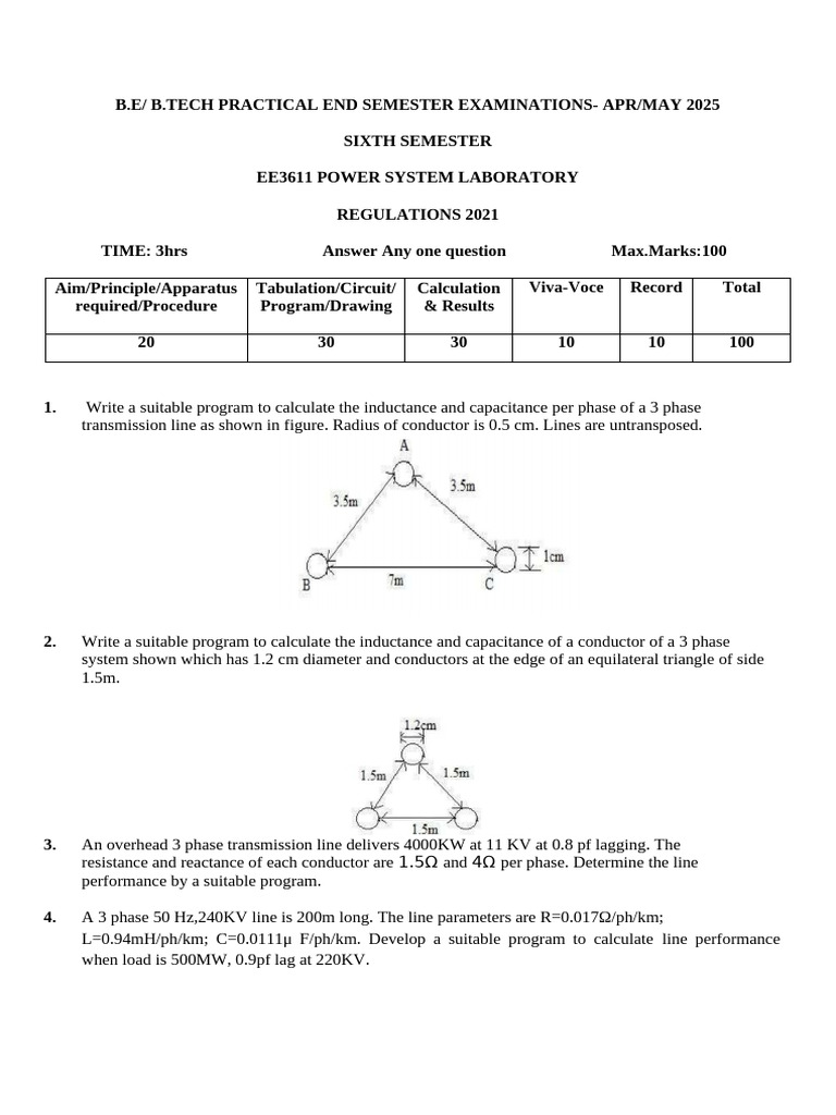 EE3611 Power System Lab Exam 2025 | PDF | Electrical Impedance | Inductance