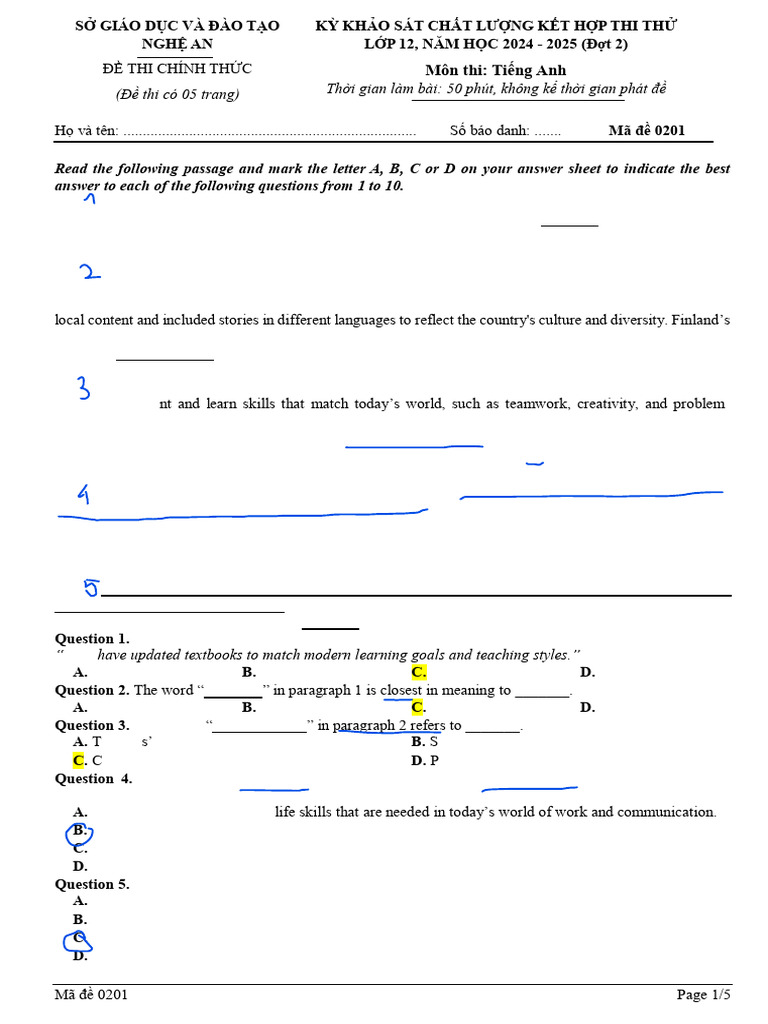 Nghệ An 12th Grade English Exam 2024-2025 | PDF | Learning | Teachers