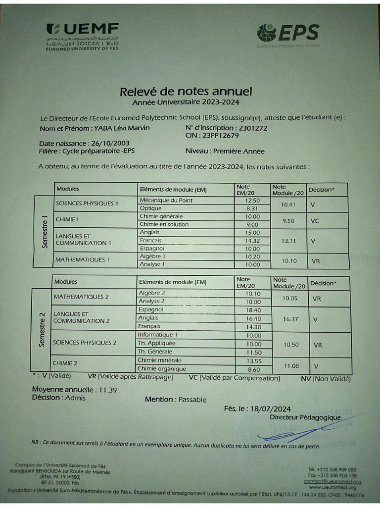Relevé de Notes Annuel | PDF