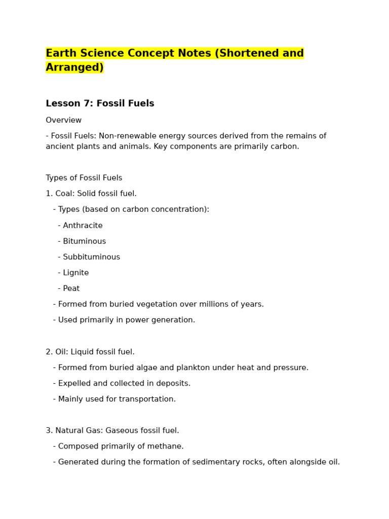 Earth Science Concept Notes For 2nd Quarter | PDF | Fuels | Fossil Fuels