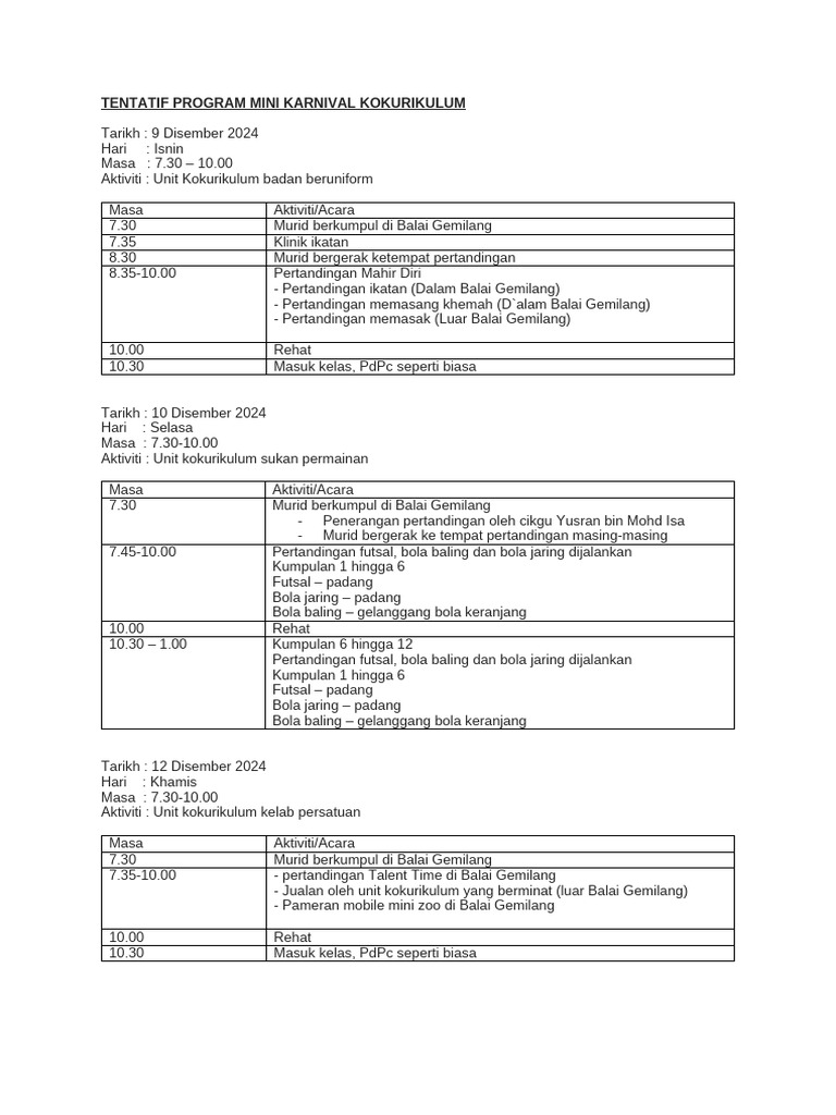 Tentatif Program Mini Karnival Kokurikulum | PDF