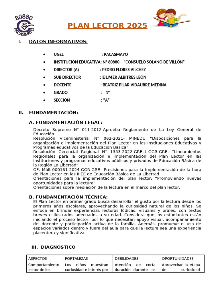 Plan Lector 2025 para Primer Grado | PDF | Curiosidad | Salón de clases