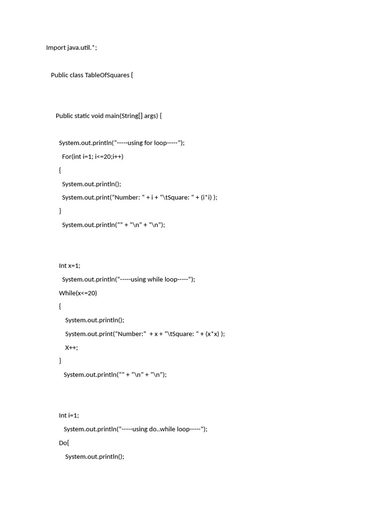 Java Program for Squares Calculation | PDF