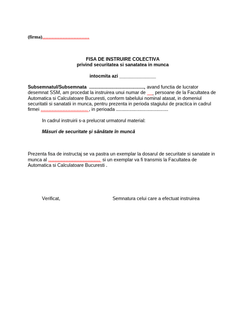 Model Fisa Instruire Colectiva SSM | PDF