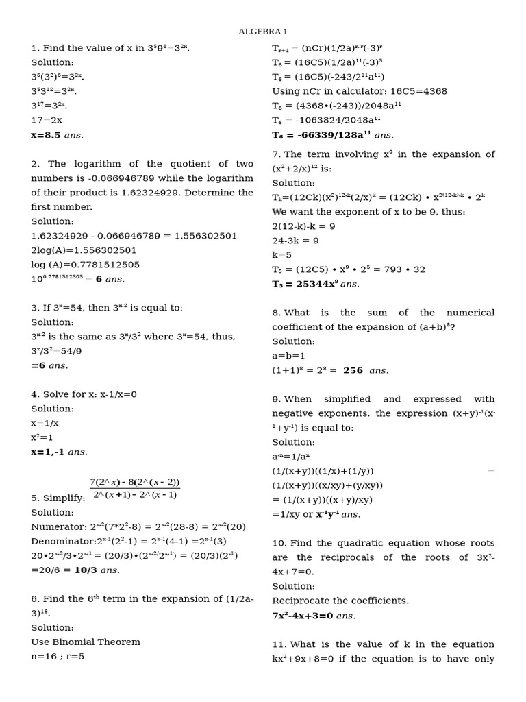 Algebra Problems and Solutions | PDF | Speed | Quadratic Equation