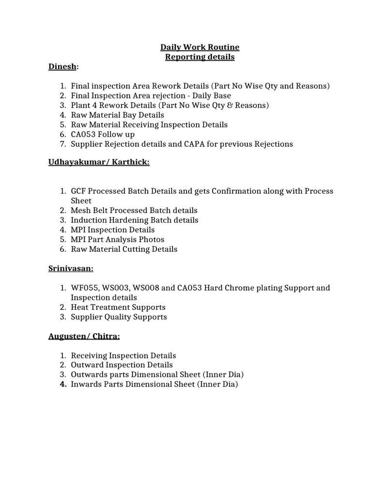 Daily Work Routine and Inspection Reports | PDF