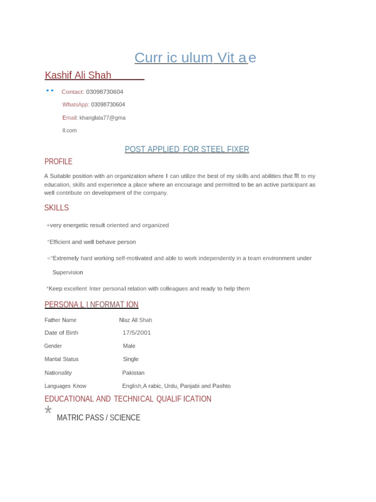 Kashif Ali Shah - Steel Fixer Profile | PDF