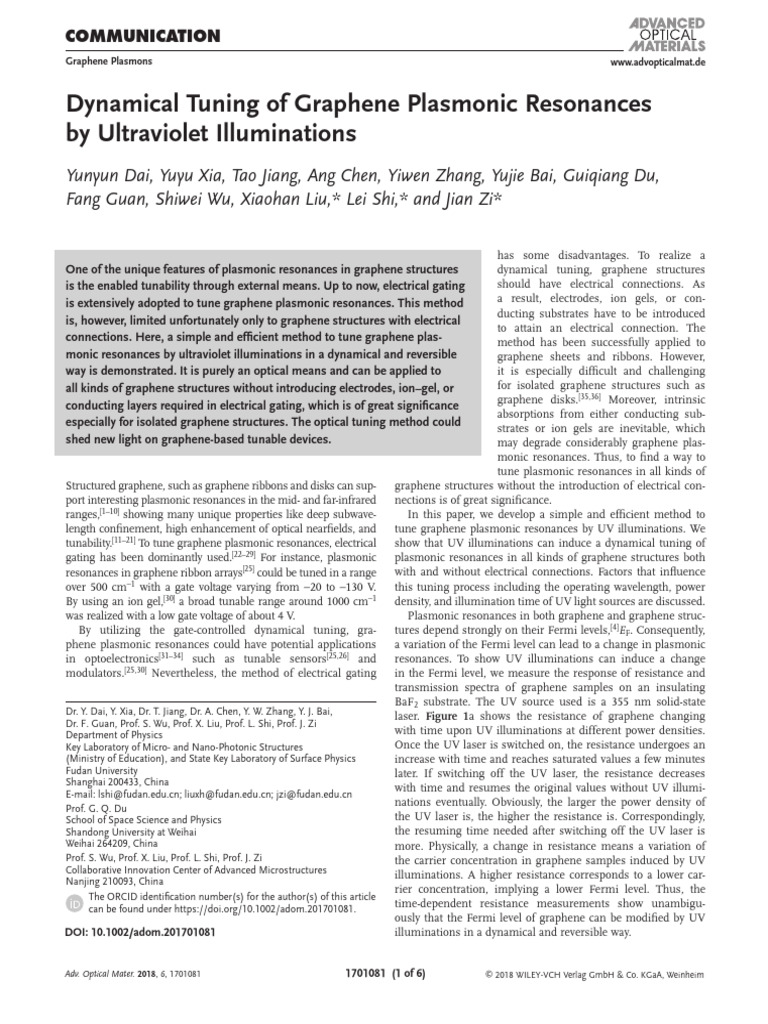 UV Tuning of Graphene Plasmonic Resonances | PDF | Graphene | Plasmon