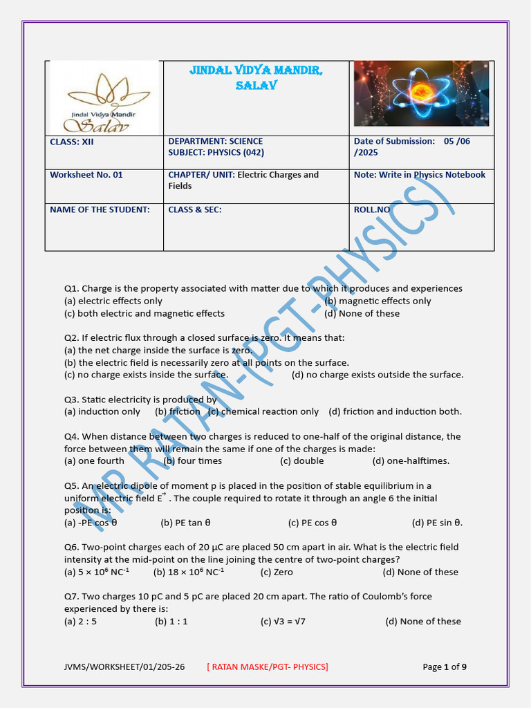 Electric Charges and Fields - Work Sheet-01 | PDF | Electric Field | Sphere