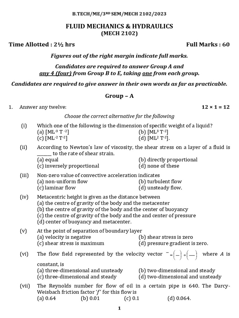 Fluid Mechanics & Hydraulics Exam 2023 | PDF | Fluid Dynamics | Shear ...
