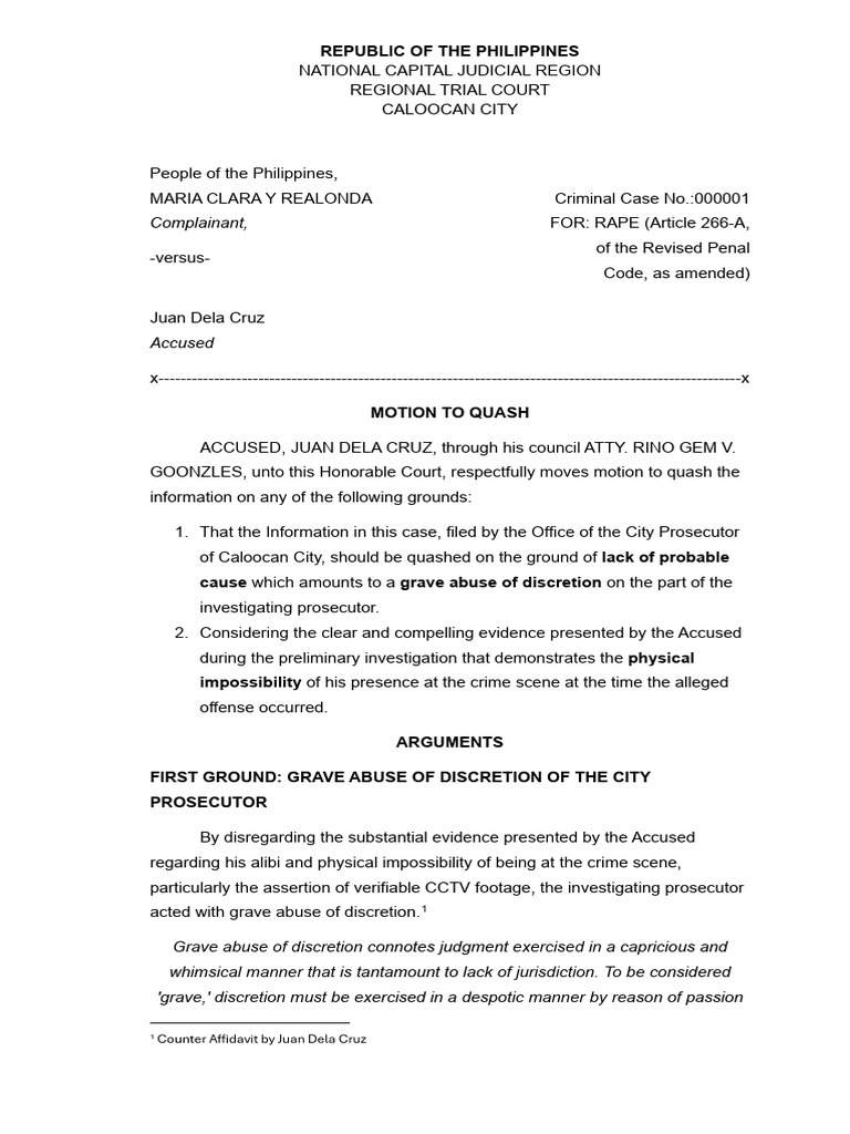 Motion to Quash Rape Case Against Dela Cruz | PDF | Prosecutor | Crimes