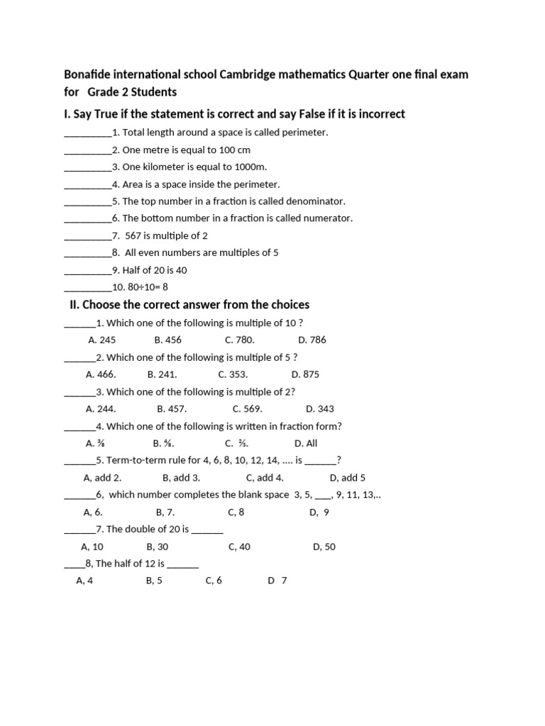 Grade 2 Cambridge Math Exam Paper | PDF | Mathematics | Arithmetic