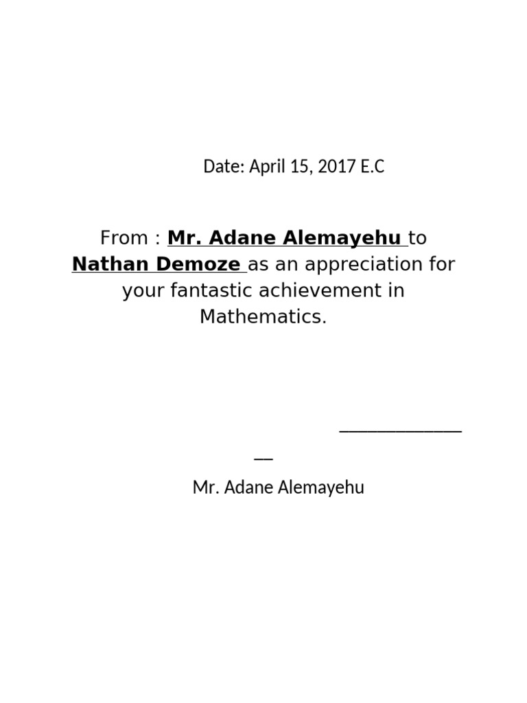 Appreciation Letter for Math Achievement | PDF