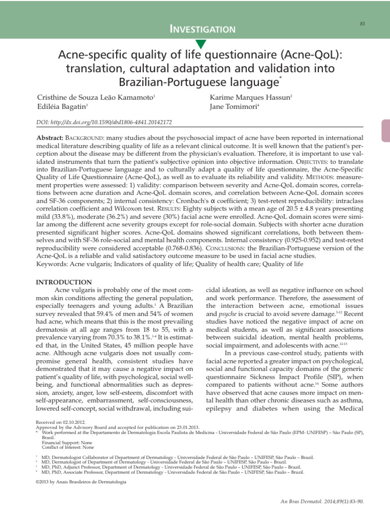 Acne-QoL Questionnaire Validation in Brazil | PDF | Validity ...