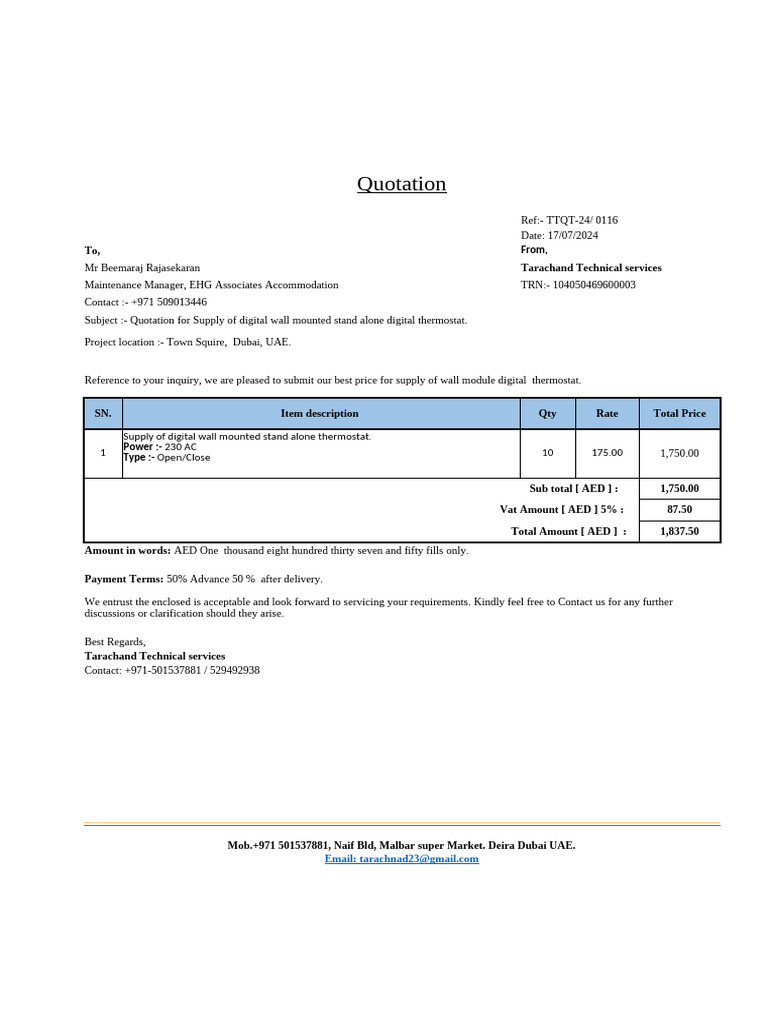 Quotations for HVAC and Installation Services | PDF | United Arab ...