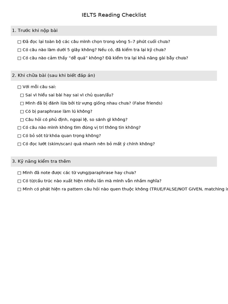 IELTS Reading Checklist | PDF