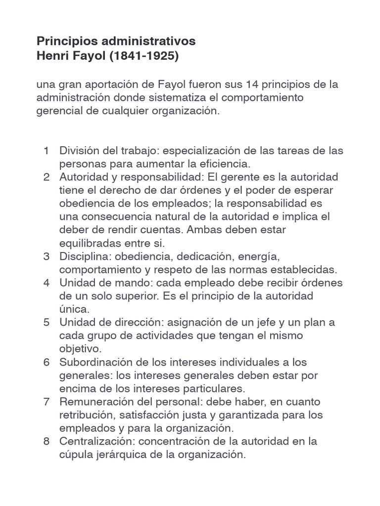 14 Principios de Administración de Fayol | PDF