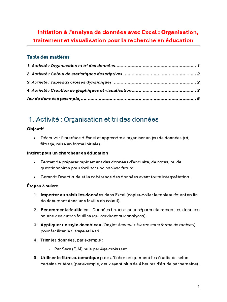 Analyse de données avec Excel | PDF | Microsoft Excel | Statistiques