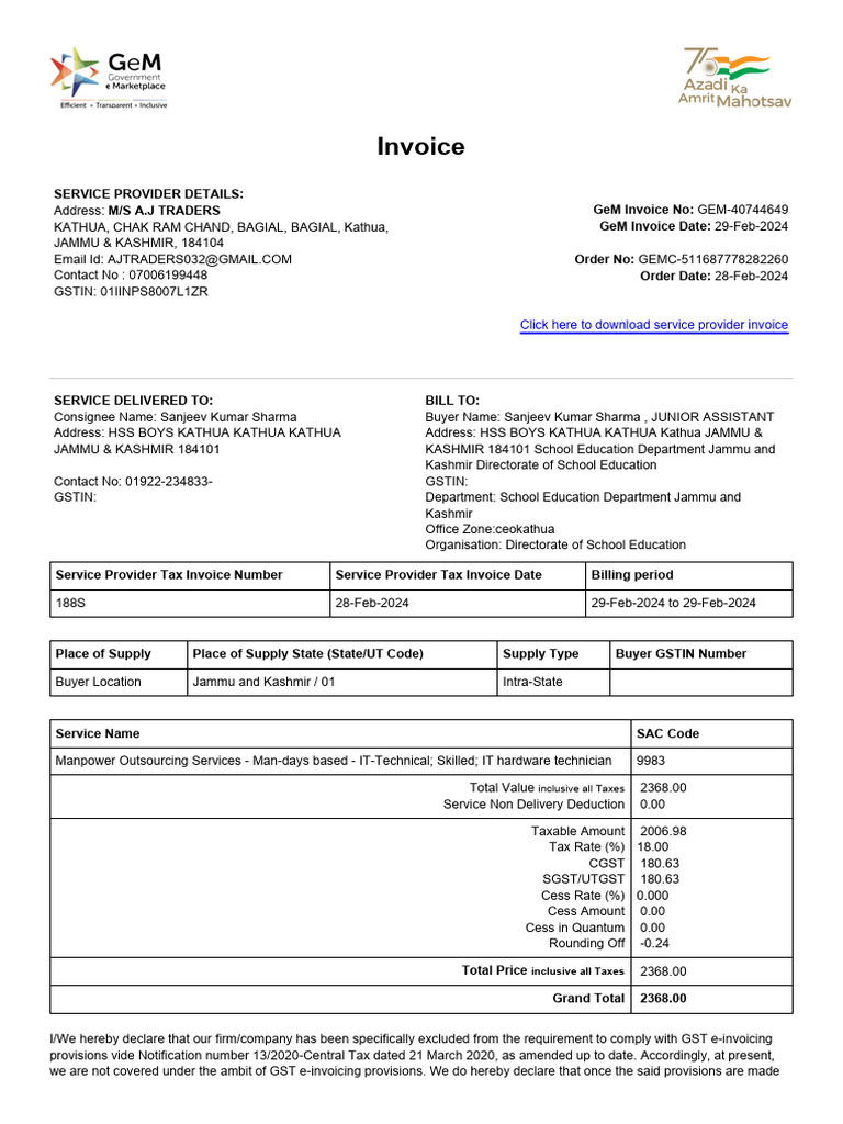 Manpower Outsourcing Invoice - Feb 2024 | PDF | Taxes | Invoice