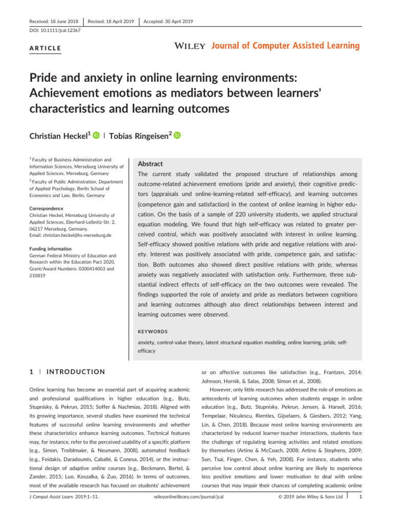 Pride and Anxiety in Online Learning | PDF | Emotions | Structural ...