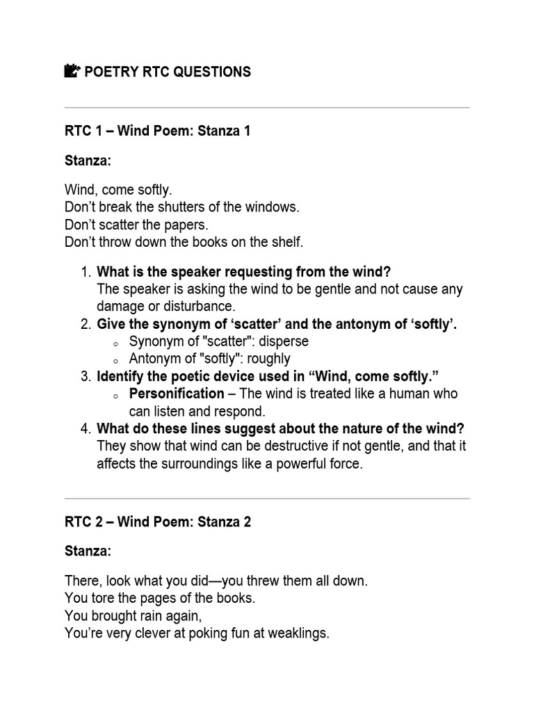 RTC Questions on Wind and Choices | PDF | Poetry | Learning