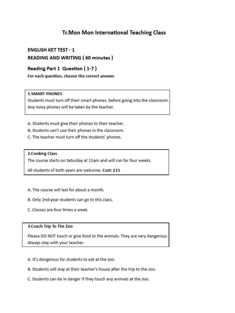 English KET Test: Reading & Writing Practice | PDF